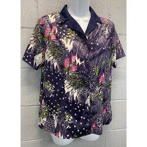 70s Floral Polyester Blouse Butterfly Collar Navy XL Horny Label Boho Hippie B2